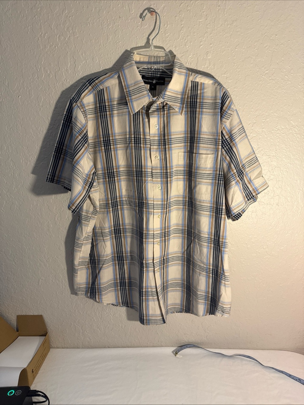Beverly Hills Polo Club Mens XL Plaid Short Sleeve Button Up Shirt Blue Tan